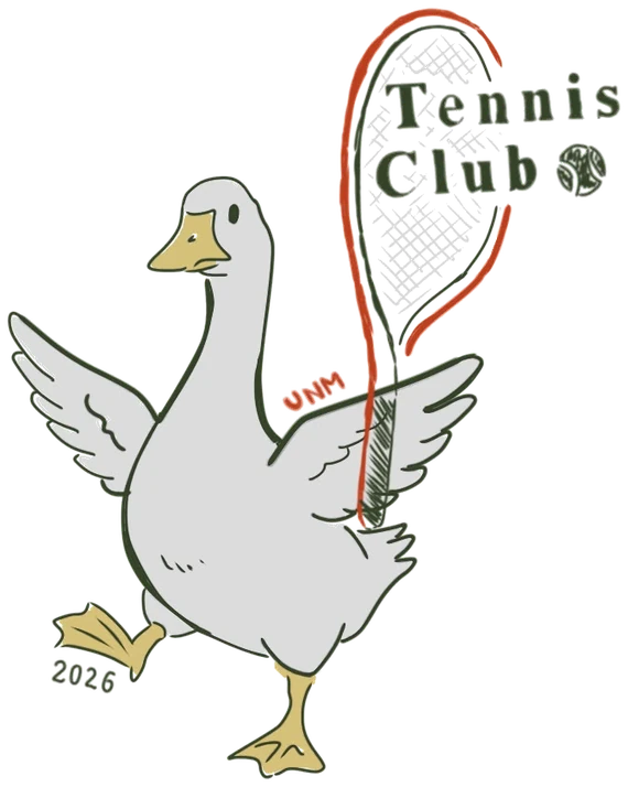 Gilbert the goose waving a tennis racket, the UNM Tennis Club logo